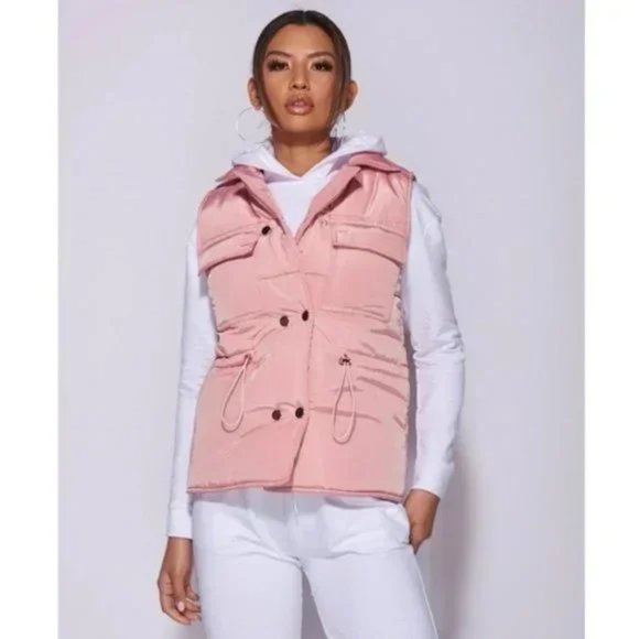 Pink Sleeveless Collared Double Breasted Padded Puffer Jacket Vest Gilet - Picture 5 of 16